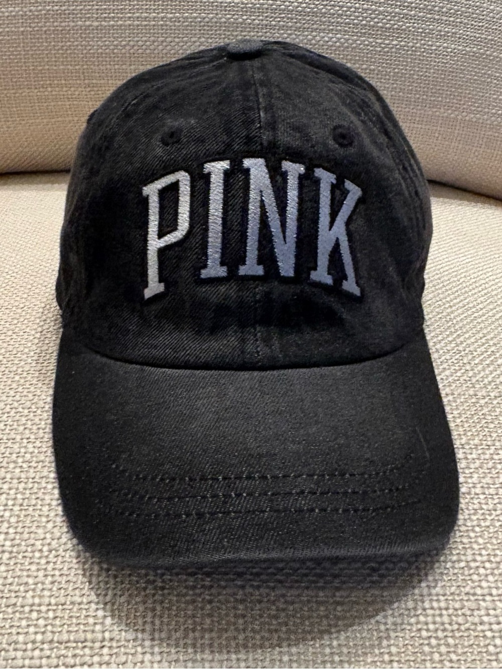Victoria Secret Womens PINK Stone Washed Black Denim Hat/White Embroidery